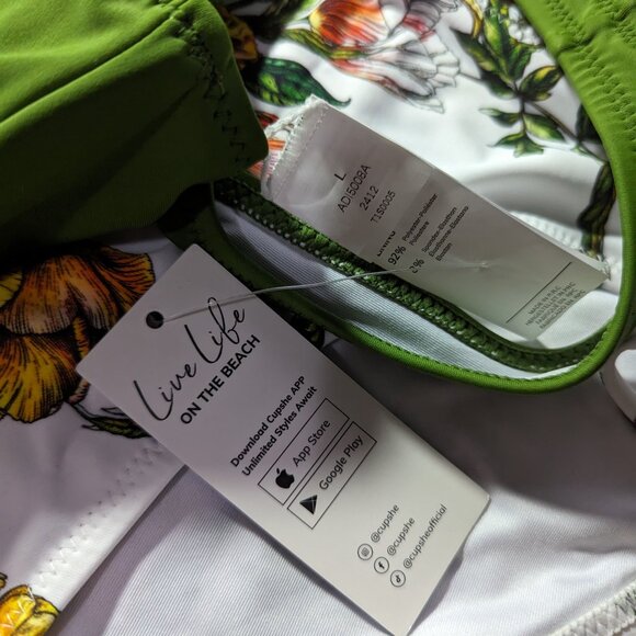 NWT Cupshe Women Two Piece Swimsuit Large Green White Floral Bikini Tie Adjust - Picture 4 of 5
